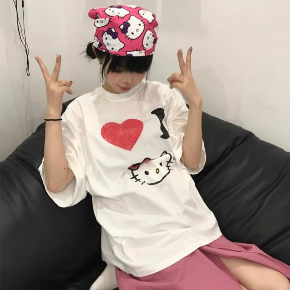 Summer Hello Kitty T-shirt Cotton Print Unisex Retro Casual Y2K T-shirt