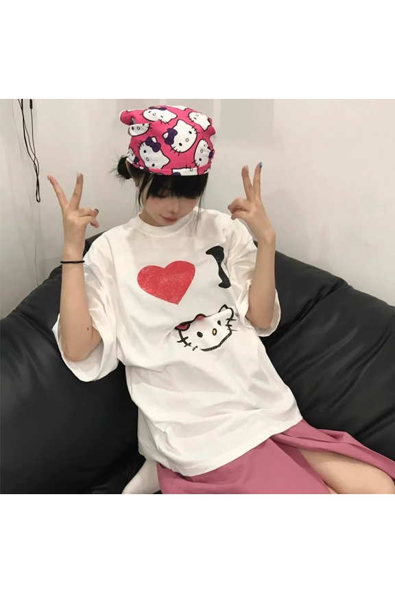 Summer Hello Kitty T-shirt Cotton Print Unisex Retro Casual Y2K T-shirt