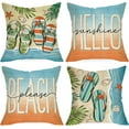 thumbnail image 1 of Summer Hello Sunshine Decorative Throw Pillow Covers 18x18 Set of 4, Beach Please Coastal Flip Flops Blue Orange Cushion Case Decor, Nautical Palm Leaves Seasonal Home Decoration for Sofa Couch, 1 of 6