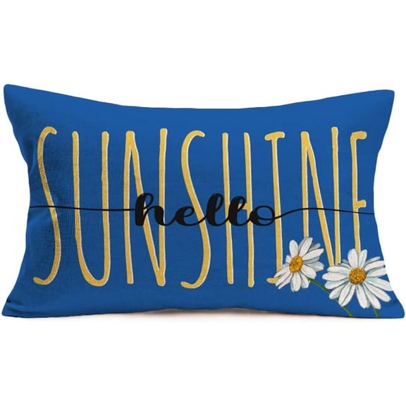 Summer Hello Sunshine Pillow Covers 12x20 Inch Daisy Flowers Sunflower Farmhouse Decorations Throw Waist Pillow Cases Cotton Linen Rectangular Oblong Pillows Cushion Cover Blue Yellow
