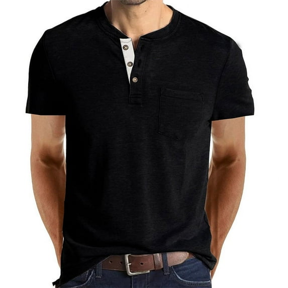 Summer Henley Shirts for Men Short Sleeve Buttons Round Neck T-Shirts Tops Casual Solid Color Comfy Pullover with Pockets