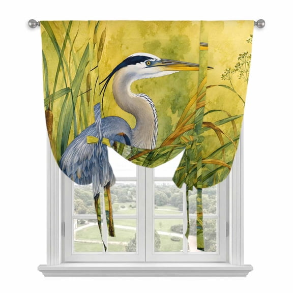Summer Heron Tie Up Balloon Window Curtain 46W x 63L Inch, Country Pond Wildlife Botanical Lotus Lily Pad Leaf Rod Pocket Adjustable Tie Up Curtains Small Kitchen Sink Curtains for Cafe Bedroom