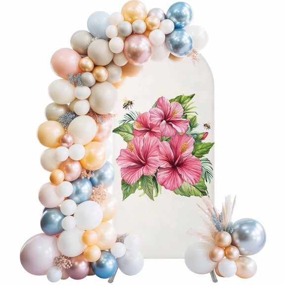 Summer Hibiscus Flower Arch Backdrop Cover Spandex Fitted Arch Cover 6FT,Arches Backdrop Stand Covers for Wedding Birthday Party Ceremony Banquet Decoration Tropical Plant Palm Leaf Bee