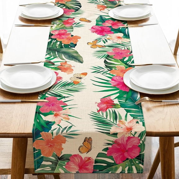 Summer Hibiscus Flower Dining Table Runner, Tropical Plant Palm Leaves Monstera Butterfly Burlap Kitchen Decoration, Spring Hawaiian Luau Indoor Outdoor Home Decor Party Supply 13.8 x 71 Inches