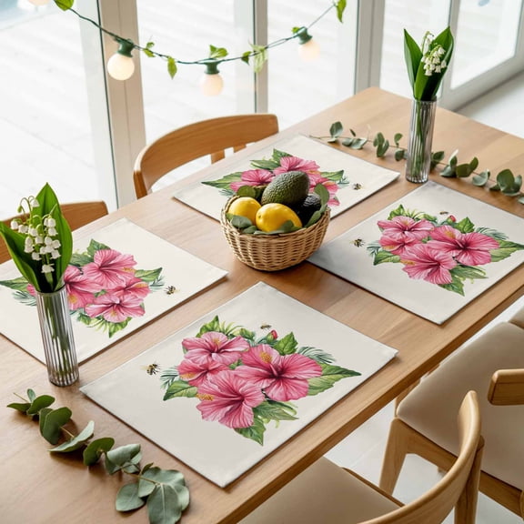 Summer Hibiscus Flower Placemats Set of 4,Wipeable Washable Table Mats for Dining Tables, Tropical Plant Palm Leaf Bee Place Mats for Kitchen Event Party Tabletop Decor