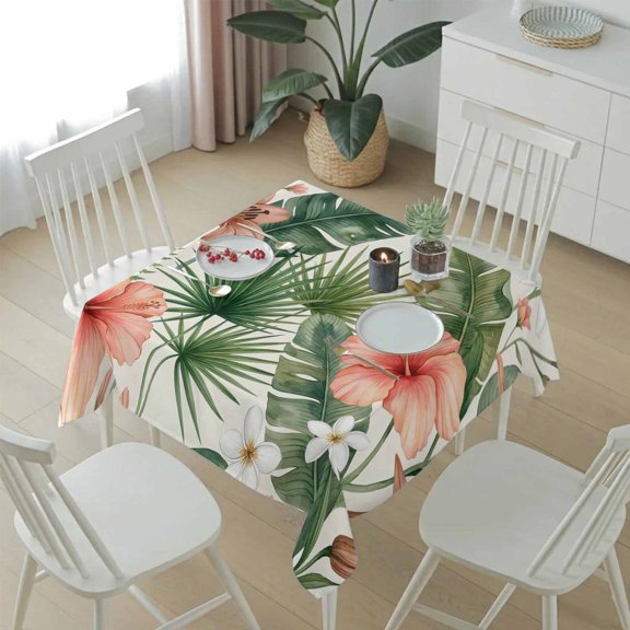 Summer Hibiscus Lily Flower Table Cloth 54x54in, Waterproof Square Tablecloth Wipeable Tablecloths Farmhouse Green Leaf Table Covers for Dining Tables Party Indoor Outdoor