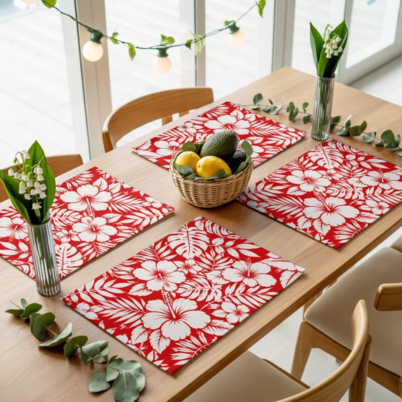 Summer Hibiscus Monstera Palm Leaf Placemats Set of 4,Wipeable Washable Table Mats for Dining Tables, Tropical Flower Leaves on Red Place Mats for Kitchen Event Party Tabletop Decor