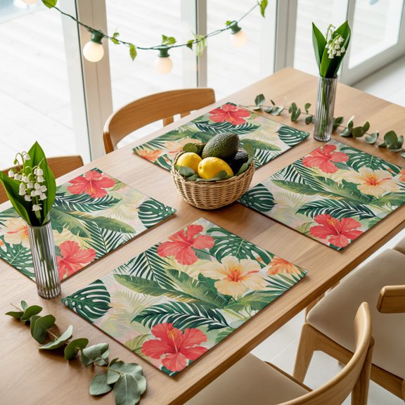 Summer Hibiscus Monstera Palm Leaf Placemats Set of 4,Wipeable Washable Table Mats for Dining Tables, Tropical Flower Plant Place Mats for Kitchen Event Party Tabletop Decor
