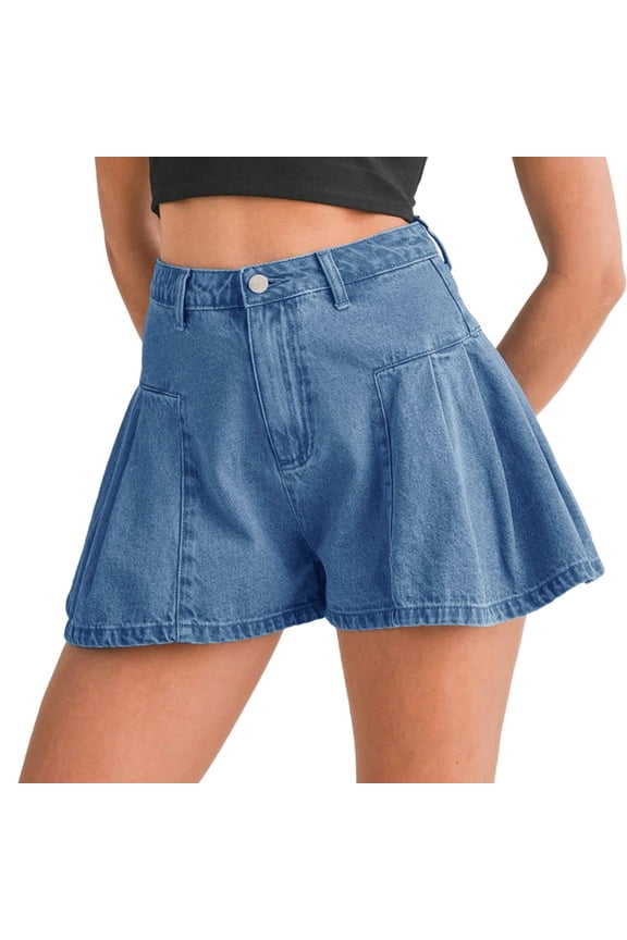 Summer High Waist Women Wide Leg Flared Denim Shorts Ruffle Flowy Jeans