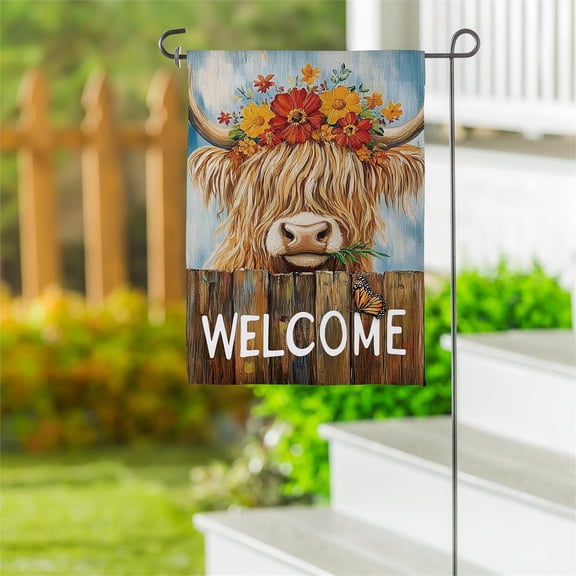 Summer Highland Cow Welcome Suede Garden Flag