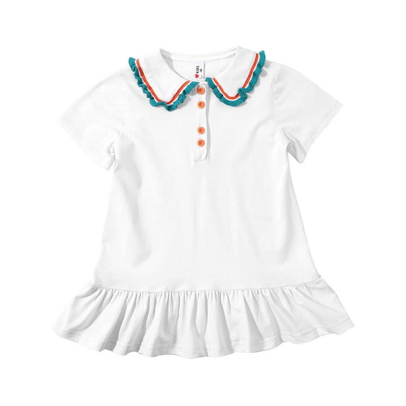 Summer Hiking Girls Dress Event Turndown Collar Short Sleeve Breathable Casual Style Simple Design Pleated Dresses White 120cm