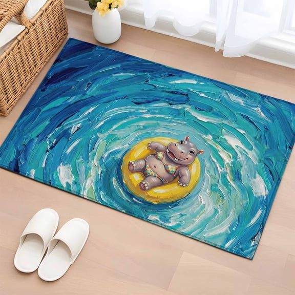 Summer Hippo Entryway Rug 2'x3' Non Slip Front Door Mats, Blue Ocean Oil Painting Swimming Ring Entrance Rugs Indoor Outdoor Carpet, Washable Floor Mats Small Area Rug for Bedroom Kitchen
