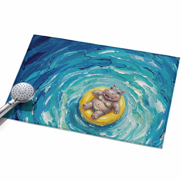 Summer Hippo Entryway Rug 2x3ft Washable Non Slip Bathroom Rug Indoor Floor Front Door Mat Blue Ocean Oil Painting Swimming Ring Rectangle Area Rugs Carpet for Kitchen Office Dining Room Home