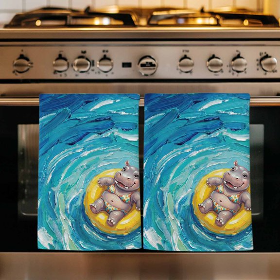 Summer Hippo Kitchen Towels Set of 1, Blue Ocean Oil Painting Swimming Ring Absorbent Dish Towels for Kitchen, Microfiber Hand Towel, Quick Drying Tea Towel for Cleaning Decorative Dishcloths