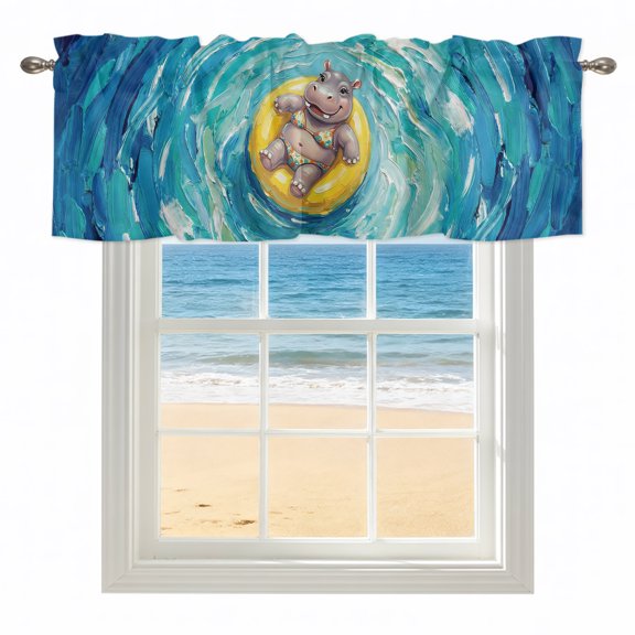 Summer Hippo Kitchen Valances for Windows 60x18 Inch Kitchen Curtains Valances Rod Pocket Blue Ocean Oil Painting Swimming Ring Bathroom Window Valances for Window Treatment Decor