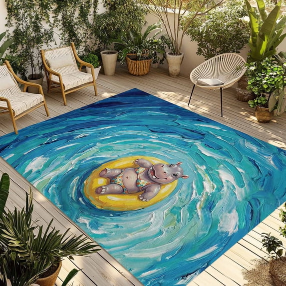 Summer Hippo Outdoor Rug for Patio/Deck/Porch, Non-Slip Large Area Rug 5 x 7 Ft, Blue Ocean Oil Painting Swimming Ring Indoor Outdoor Rugs Washable Area Rugs, Reversible Camping Rug Carpet Runner