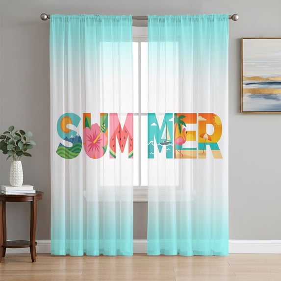 Summer Holiday Sheer Curtains 63 Inch Length 2 Panels Set, Gradient Blue Tropical Ocean Palm Tree Fruits Window Treatment Rod Pocket Curtains Sheers Drapes for Bedroom/Living Room/Kitchen 52x"63"x2