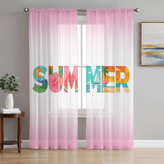 Summer Holiday Sheer Curtains 84 Inch Length 2 Panels Set, Gradient Pink Tropical Ocean Palm Tree Fruits Window Treatment Rod Pocket Curtains Sheers Drapes for Bedroom/Living Room/Kitchen 52"x84"x2