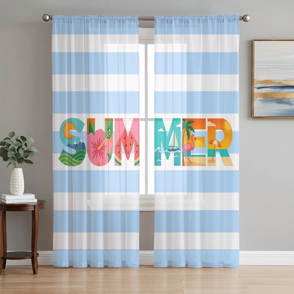 Summer Holiday Sheer Curtains 96 Inch Length 2 Panels Set, Tropical Ocean Palm Tree Fruits Blue Stripes Voile Window Treatment Semi Sheer Long Curtains for Bedroom/Living Room/Kitchen 52"x96"x2