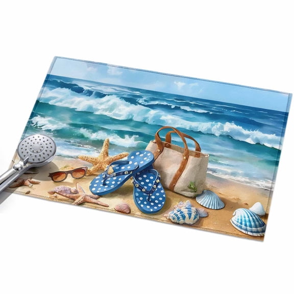 Summer Holidays 2x3ft Non Slip Area Rug Beach Slippers Bag Shells Sea Wave Blue Sky Washable Soft Area Rugs for Living Room, Indoor Circle Carpet for Bedroom Dining Room Kitchen