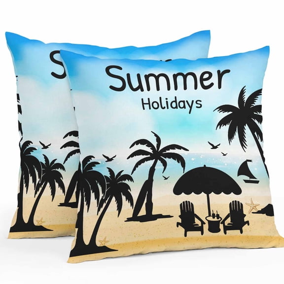 Summer Holidays Outdoor Pillow Covers Set of 2 Palm Trees Vacation Waterproof Throw Pillow Case Decorative Square Cushion Cover for Patio Couch Garden Balcony, 24"x24"
