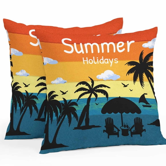 Summer Holidays Outdoor Pillow Covers Set of 2 Palm Trees Vacation Waterproof Throw Pillow Case Decorative Square Cushion Cover for Patio Couch Garden Balcony, 24"x24"
