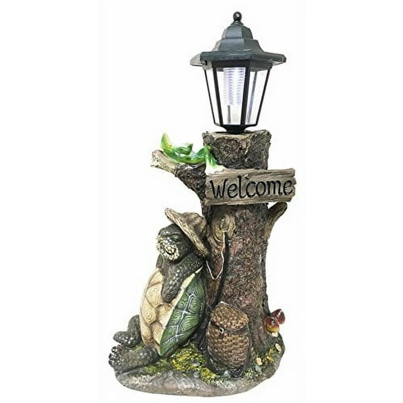 Summer Holidays Under Shady Tree Sleeping Hiker Turtle Tortoise With Best Friend Frog Statue With Solar Powered Lantern LED Light Patio Decor Indoor Outdoor Figurine