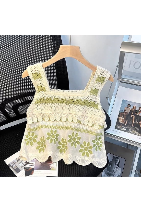 Summer Hollow Embroidery Knitted Camisole Women Sleeveless Irregular Tassel Tank Top