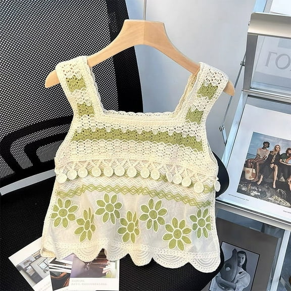 Summer Hollow Embroidery Knitted Camisole Women Sleeveless Irregular Tassel Tank Top