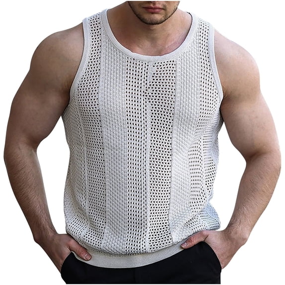 Summer Hollow Out Knitted Pullover Men Sleeveless Crew Neck Breathable Cool Muscle Tee Fathers Day Gift