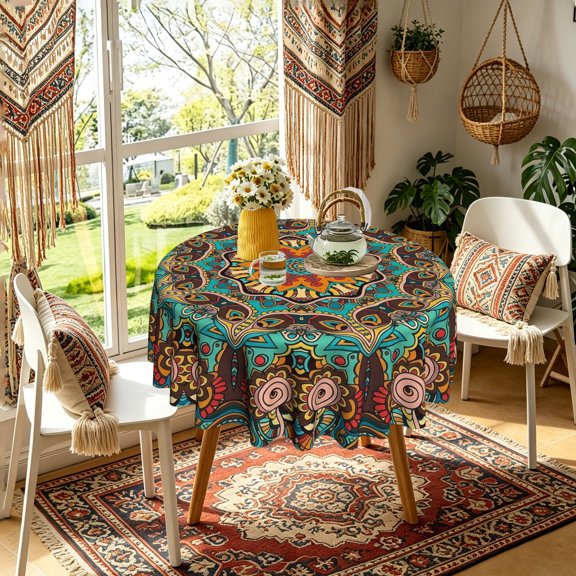 Summer Home Decor Intricate Mandala Teal Orange Floral 2D Print Round Tablecloth, 35/49/60/71 Inch, Polyester Cover for Kitchen Dining Picnic Garden Parties, Summer Decor Gift