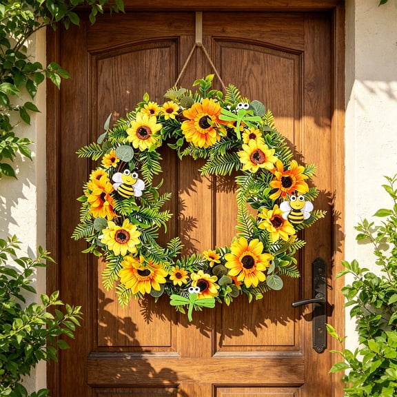 Summer Home Garden Decor Sunflower Wreaths Rattan Door Wall Decorations Yellow Plastic Artificial Flower Garlands and Pendants 13.77 Inch for Porches Walls Front Doors Parties