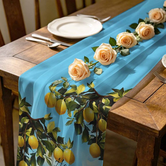 Summer Home Sweet 4.5 ft Cheesecloth Table Runner for Wedding 19"x55", Yellow Lemon Blue Sky Green Leaf Retro Kitchen Dinner Sheer Tulle Chiffon Dresser Scarf, Holiday Party Decorations