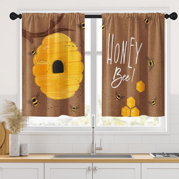 Summer Honey Bee Gold Kitchen Curtains, Orange Yellow Sweet Short Window Curtains Set of 2, Window Treatment Tier Curtains for Kitchen Over Sink Bathroom Dining Room Decor (26x36 Inch)