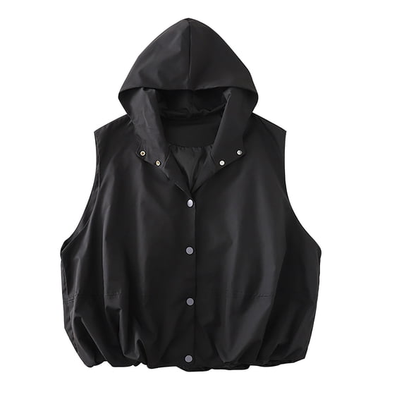 Summer Hooded Windbreaker Vest for Women, Sleeveless Button-Front Jacket with Water-Resistant Fabric