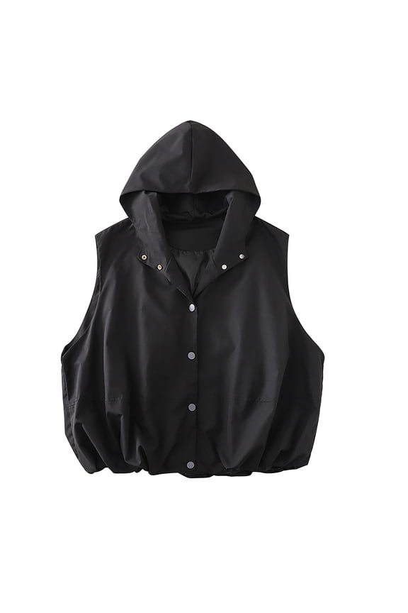 Summer Hooded Windbreaker Vest for Women, Sleeveless Button-Front Jacket with Water-Resistant Fabric