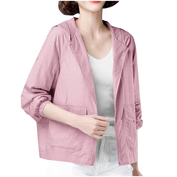 Summer Hoodies for Ladies Fashionable Sunscreen Casual Solid Color Thin and light Long Sleeve Coat Tops Up to 65% off!