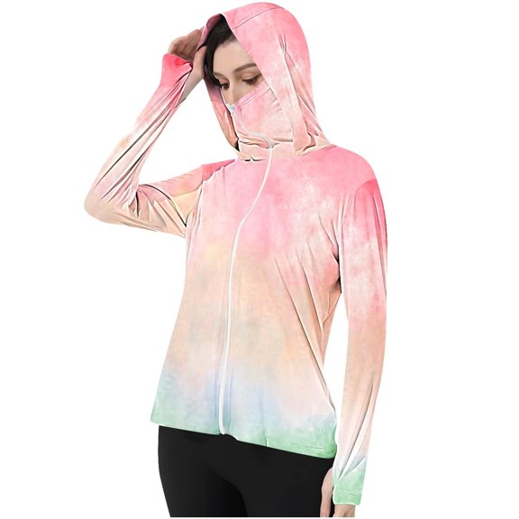 Summer Hoodies for Ladies Sunscreen UPF50+ Long Sleeve New Gradient Color Thumb Buckle Casual Coat Up to 65% off!