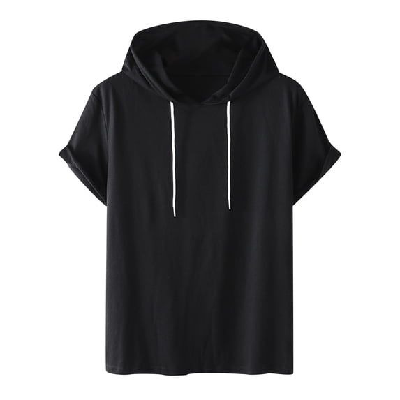 Summer Hoodies for Men Big & Tall Outdoor Casual Athletic Running Workout Solid Drawstring Hoodie Short Sleeve Pullover