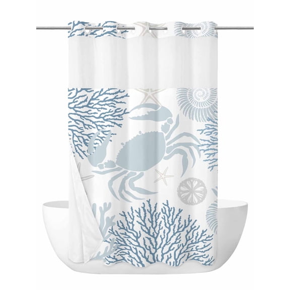 Summer No Hook Shower Curtain and Liner Set Blue Grey Crab Coral Seashell Nautical Coastal Ocean Shower Curtains with Snap-in Liner & See Through Top Window Hotel Style for Bathroom Decor 36x72 Inch
