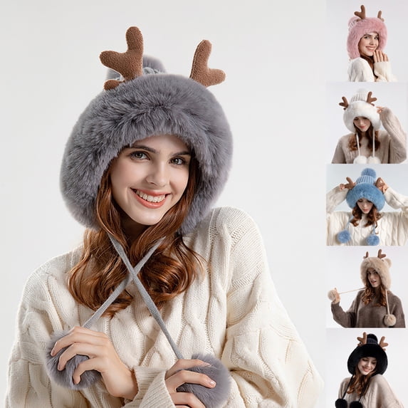 Summer Hot Sales Under $5 Beige Winter Beanie GIJNRIUIUA Women Winter Knit Warm Deer Ears Cute Strawberry Hats Cap Scarf Two In One Winter Warm Hood Scarf Hat Hijab Turban