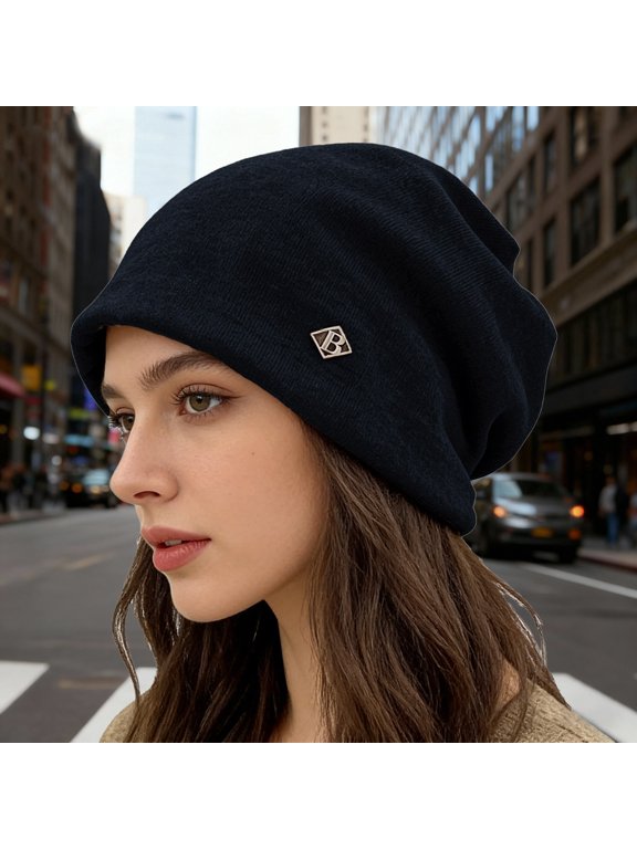 Summer Hot Sales Under $5 Black Winter Hat GIJNRIUIUA Metal Letter Label Windproof and Cold Proof Pile Cap Versatile Large Head Encirclement Cold Cap Showing Small Set Head Cap Hijab Turban