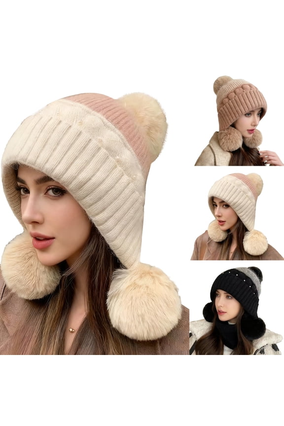 Summer Hot Sales Under $5 Khaki Beanie Hats GIJNRIUIUA Ladies' Winter Knitted Hats Stylish and Versatile Ear Protecting Hats Cute Hats with Three and Beads Warm Korean Style Hats Hijab Cap