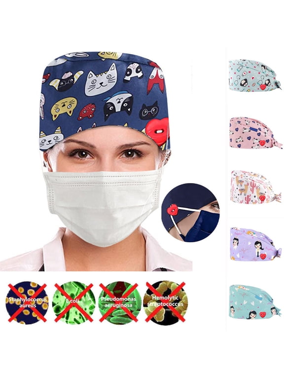 Summer Hot Sales Under $5 Pink GIJNRIUIUA Scrub Caps Surgical Hat with Buttons Cartoon Animal Cat Print Tie Back Adjustable Nurse Doctor Pediatric Medical Cap for Women Men