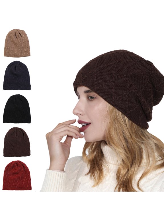 Summer Hot Sales Under $5 Winter Beanie GIJNRIUIUA Female Warm Needle Knitting Cap Ski Cap Sun Hat Knitting Set Head Cap Solid Color Grid Plus Velvet Cap Autumn and Winter Ear Pile Cap
