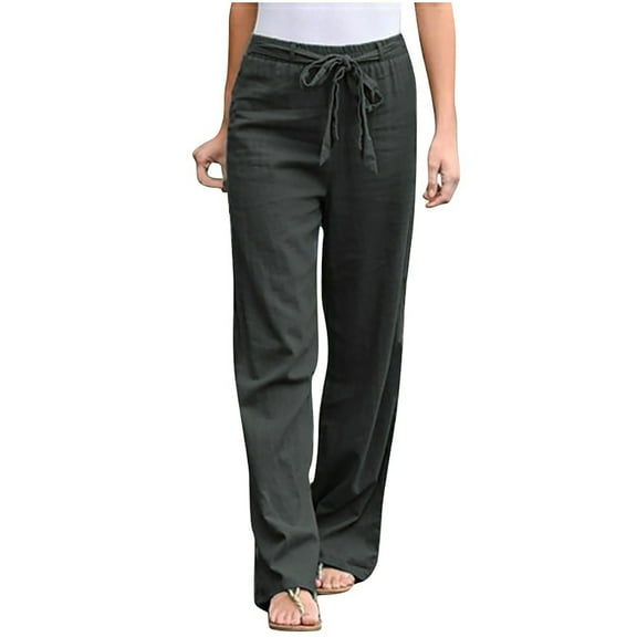 Summer Hot Saving! Funicet Womens Pants Casual Solid Linen Sashes Straight Casual Long Pants Leisure Trousers Gray 3XL