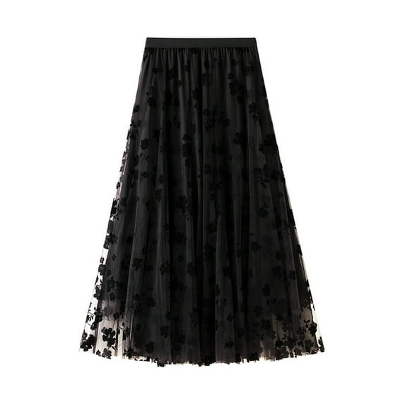Summer Hot Saving! ITSUN Skirts for Women Long Tulle Tutu Skirt 3D Flower Embroidery Solid High Waist Mesh Midi Swing Skirt Black