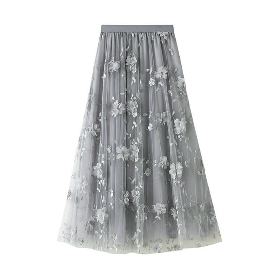 Summer Hot Saving! ITSUN Skirts for Women Long Tulle Tutu Skirt 3D Flower Embroidery Solid High Waist Mesh Midi Swing Skirt Gray