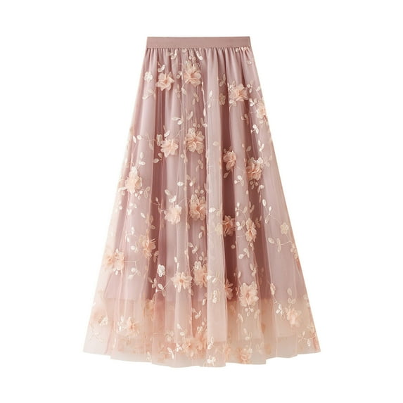 Summer Hot Saving! ITSUN Skirts for Women Long Tulle Tutu Skirt 3D Flower Embroidery Solid High Waist Mesh Midi Swing Skirt Pink