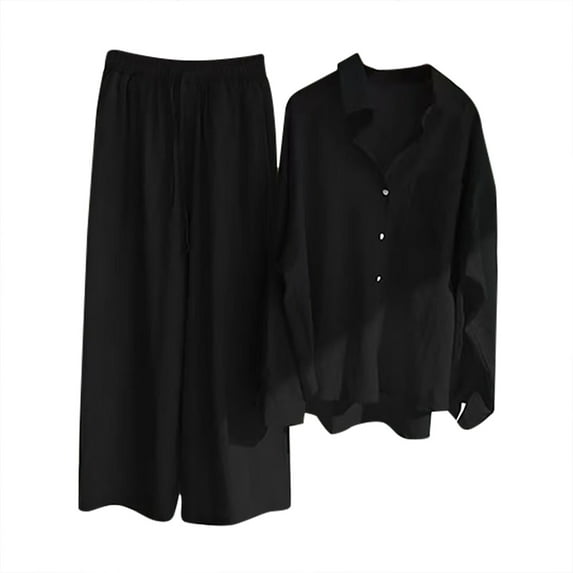 Summer Hot Saving! ITSUN Women 2PC Leisure Color-blocking Long-sleeved Lapel Shirt Shorts Loose Casual Suit Black 4XL